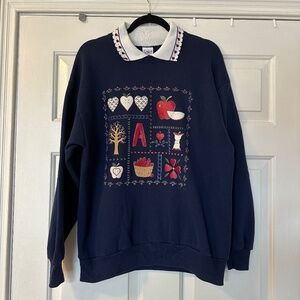 Vintage Gopher Sport Collared Sweatshirt Navy Blue Apple Tree Print Size Large